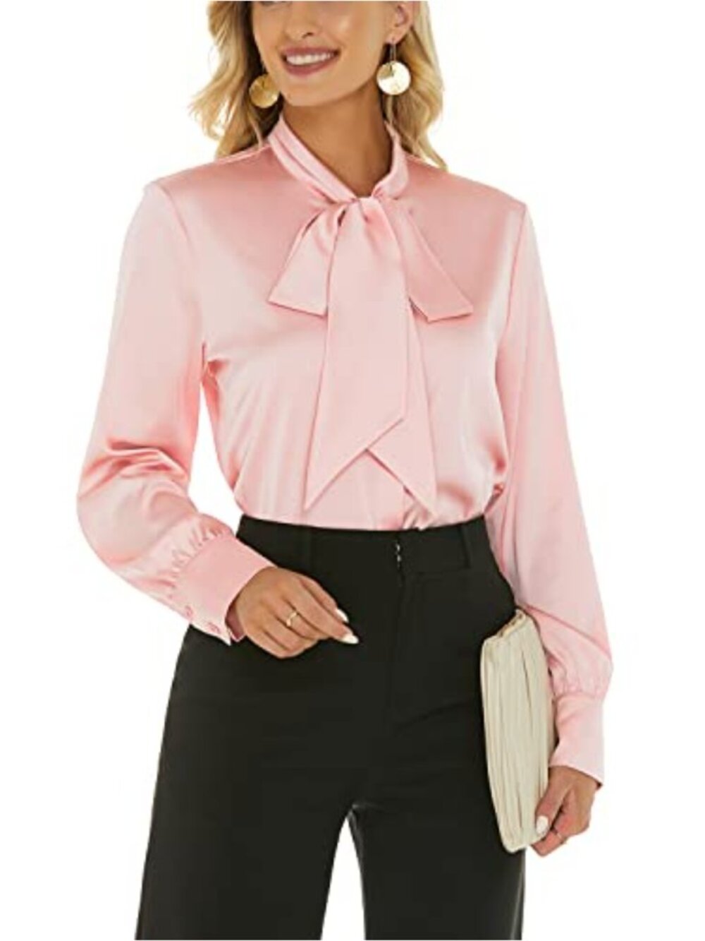 Satin Silk Bow Tie Neck Button Down Blouse Long Sleeve